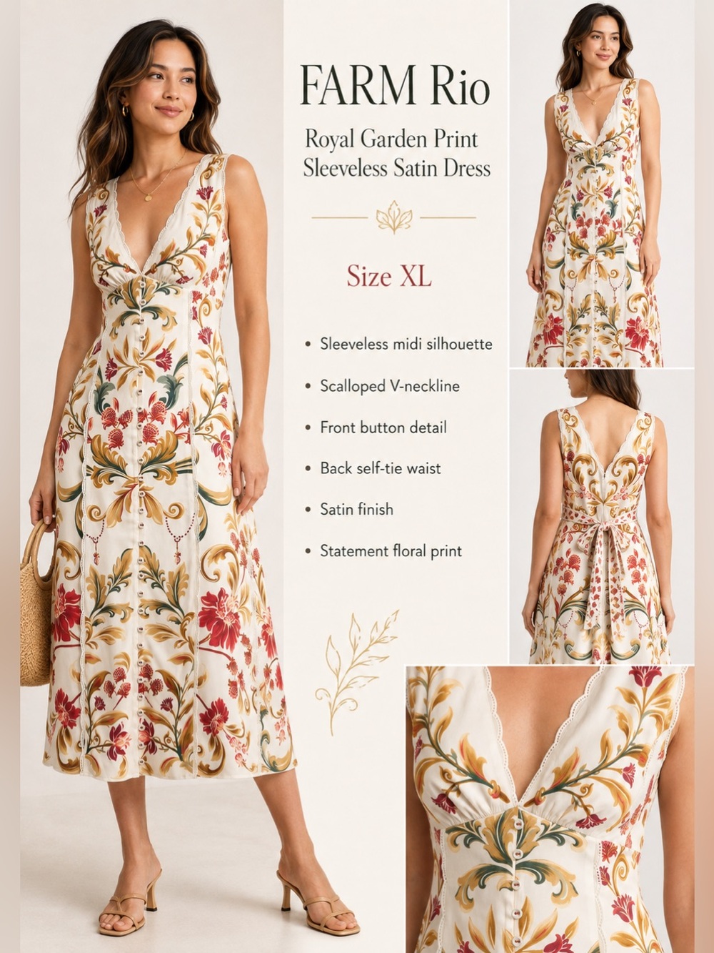 FARM Rio Royal Garden Print Sleeveless Satin Midi Dress XL Floral